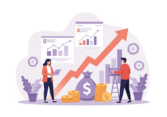 Modern Business Team Planning Financial Growth Strategy – Flat Style Vector Illustration with Charts, Graphs, Money Bag, Coins, Laptop, Arrow, Office Elements – Editable Design for Presentation.