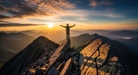 Man atop mountain peak, arms outstretched, sunrise