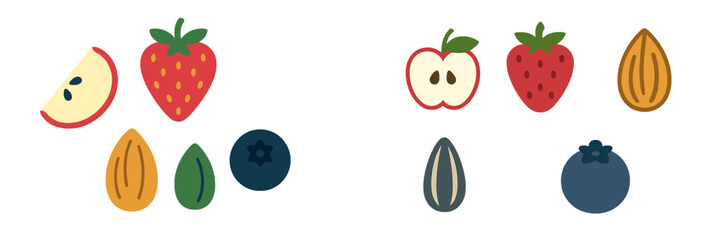 Fototapeta premium Assortment of fresh fruits and nuts including apple, strawberry, blueberry, and almond for healthy eating