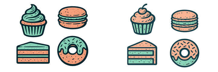 Assortment of colorful sweet desserts including cupcakes, macarons, donuts, and cake slices with textured details