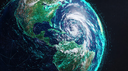 Earth viewed from space with a large hurricane forming over the Atlantic Ocean, highlighted by digital network overlays.