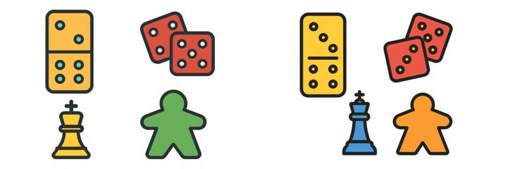 Vibrant collection of classic board game pieces, featuring dominoes, dice, a chess king, and meeples, for leisure and strategy