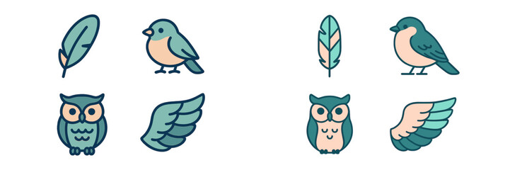 Collection of cute bird and owl icons with feathers and wings in a simple flat design style for nature themes and wildlife