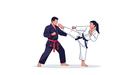 Karate practitioners in action, demonstrating a kick and a punch during a training session.