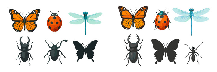 Detailed collection of common insects and bugs featuring colorful butterflies, ladybugs, dragonflies, and various beetles with their silhouettes