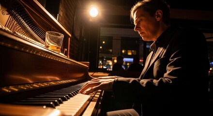 Man plays piano in dimly lit bar