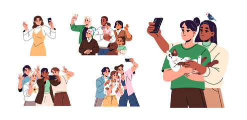 Set of people taking selfies. Families with kids, couples with pets, friends do joint photos. Characters do photograph by phone together. Photography. Flat isolated vector illustrations on white