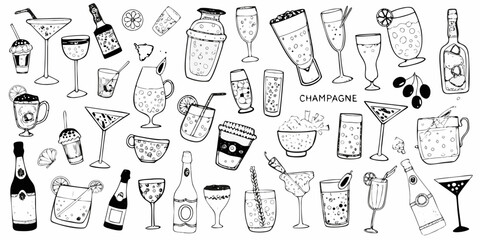 Collection of hand drawn alcoholic and non alcoholic drinks and beverages with bubbles and garnishes