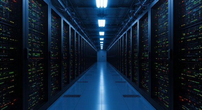 Data center with glowing servers and blinking lights.