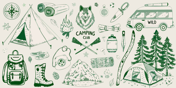 Collection of hand drawn camping and outdoor adventure elements for nature enthusiasts