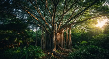 Fototapeta premium Massive tree canopy, sunlight filters through