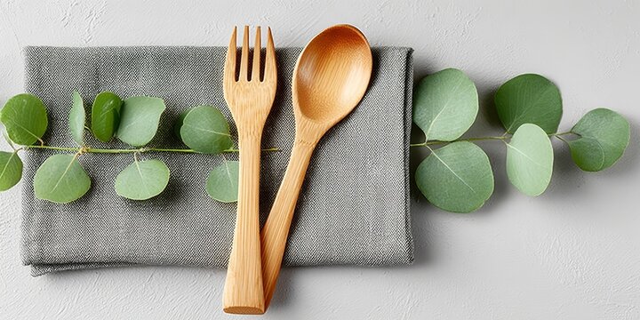 Eco-Friendly Bamboo Cutlery on Linen Napkin Surrounded by Eucalyptus Leaves for Zero Waste Dining