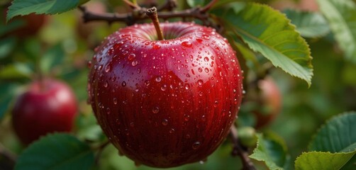 Vibrant Scarlet Apple with Water Droplets, Close up View, Set Against a Background of Green Leaves.
