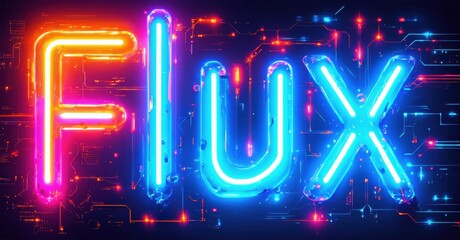 Bright neon text spells FLUX over dark circuit board background. Vivid colors create futuristic aesthetic. Bold typography dominates composition.