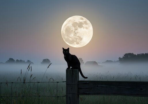Black Cat Silhouette on Wooden Fence with Full Moon and Foggy Night Sky
