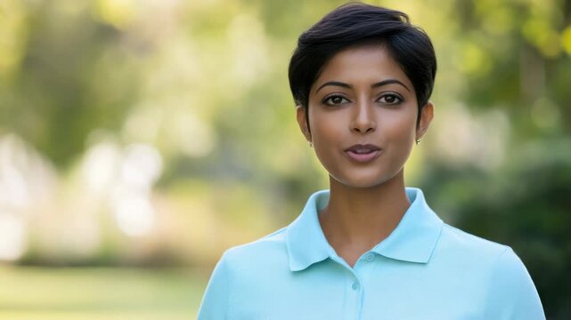 Smiling woman wearing blue polo shirt with a collar, outdoors on a sunny day.