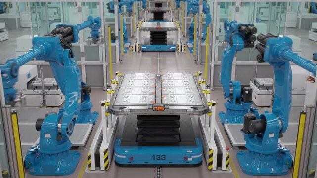 Blue robotic arms assembling battery modules of electric vehicles. Fully automated EV production line with AI and autonomous robots. Modern electric car factory. Pan down. 3d animation render