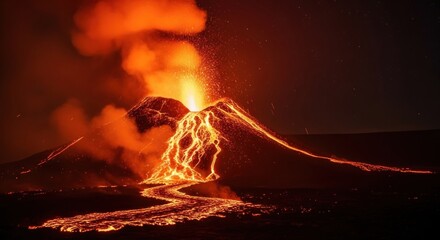 Volcano erupts with glowing lava flowing down its slopes, dark landscape under a hazy sky