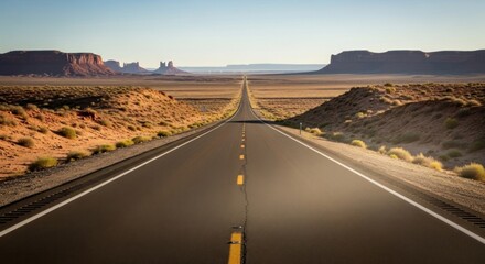 Endless road stretches into desert horizon, flanked by reddish mesas under a vast, bright sky