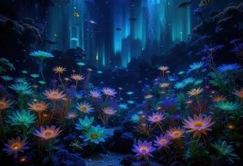 Aurora Underwater Bloom  Bioluminescent Flowers and Colors in an Aquarium