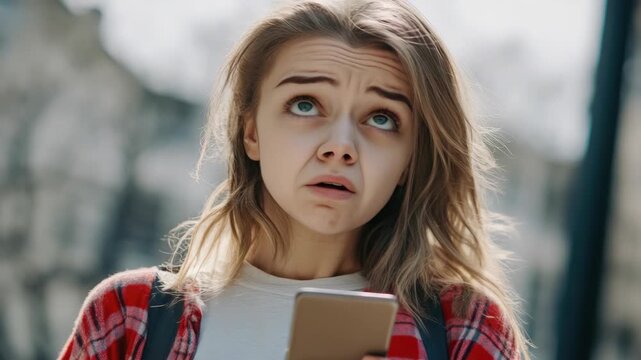 Girl reacting with puzzled expression to information on phone screen.