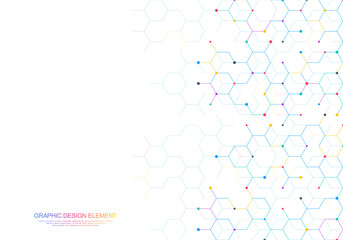 Abstract hexagonal molecular structure with colorful dots on white background