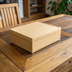 Sturdy cardboard box resting on a polished wooden table, ideal for packaging, shipping, or minimalist storage solutions.