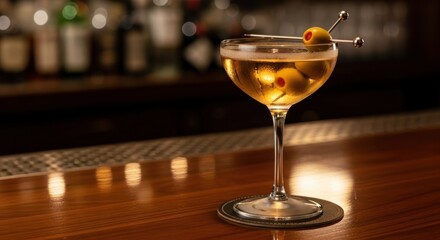 Cocktail martini-style drink with olives, sits on a wood bar surface. Blur background