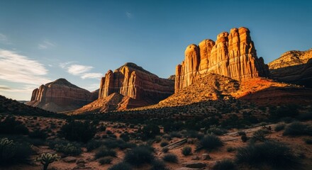 Red rock formations bathed in golden sunset light