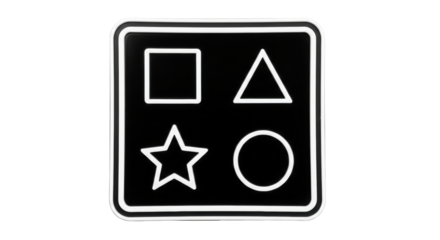 Isolated set of four shapes square triangle star circle on a black tray with rounded corners
