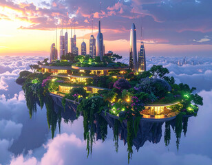 Fototapeta premium Dreamlike Futuristic Floating City in the Clouds with Lush Garden Architecture