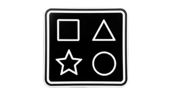 Isolated set of four shapes square triangle star circle on a black tray with rounded corners