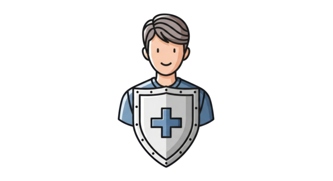 Isolated person with health insurance, a man with a shield showing a plus sign in the middle