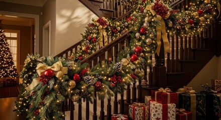 Festive stairs draped with garland, ornaments, and lights. Gifts sit below