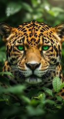 A captivating close-up of a jaguar, its vibrant green eyes gleaming intensely in a lush, verdant jungle setting.