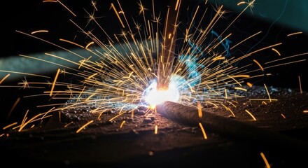 Welding point brilliant sparks erupt from the hot metal, creating a burst of bright light in dark