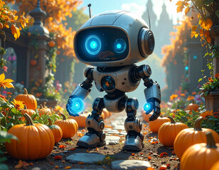 A futuristic AI device character holding holographic panels and walking through a pumpkin-filled garden.