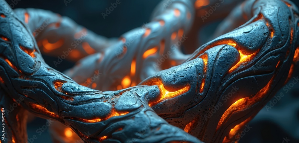 Poster Abstract, organic structure with glowing orange energy flowing through intricate, tech-inspired patterns. Dynamic, futuristic design blends smooth curves with complex, threaded elements, creating