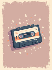 Fototapeta premium Cassette mixtape motif — hand-drawn labels and scotch tape bits, muted mauve background with grain texture