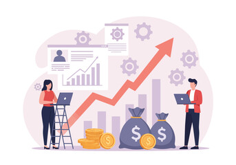 Modern Business Team Planning Financial Growth Strategy – Flat Style Vector Illustration with Charts, Graphs, Money Bag, Coins, Laptop, Arrow, Office Elements – Editable Design for Presentation.