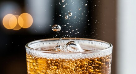 Bubbly liquid in clear glass; water droplets suspended