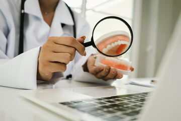 A dentist holds a dental model, demonstrating oral health, teeth structure, hygiene, and dental...
