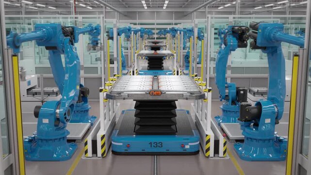 Blue robotic arms assembling battery modules of electric vehicles. Fully automated EV production line with AI and autonomous robots. Modern electric car factory. Static camera. 3d animation render