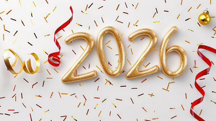 Golden 2026 numbers surrounded by festive red ribbons, gold streamers, and colorful confetti on white background, perfect for New Year themes.