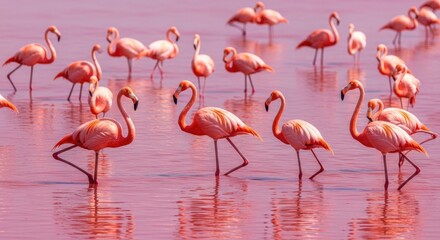 A flock of vibrant pink flamingos wading in shallow, pink-hued water, creating a scenic natural display