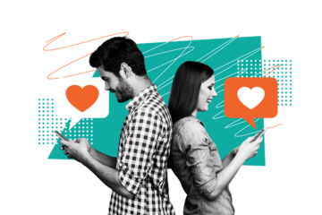 Composite photo collage of happy girl guy love couple bonding type message phone like affection sympathy isolated on painted background