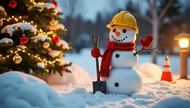 builder snowman in yellow helmet with red scarf holding shovel beside Christmas tree with lights. snowy evening with glowing lanterns and road cone. winter construction holiday.. - Powered by Adobe
