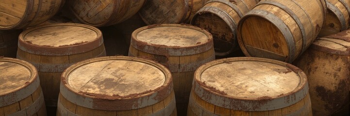 Aged wooden barrels, stacked high, display a rustic charm.