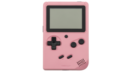 Isolated retro pink handheld gaming console against clean backdrop, 90s vintage style