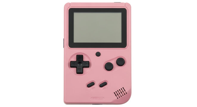 Isolated retro pink handheld gaming console against clean backdrop, 90s vintage style
